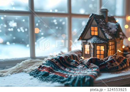 model of a private residential building with a warm scarf on the table. model of a private residential building with a warm scarf on the table. 124553925