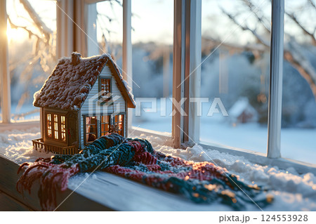 model of a private residential building with a warm scarf on the table. model of a private residential building with a warm scarf on the table. 124553928