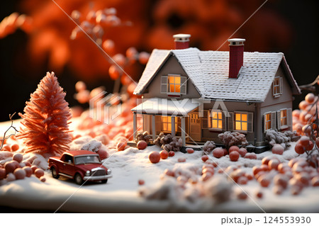 model of a private residential building with a warm scarf on the table.  124553930