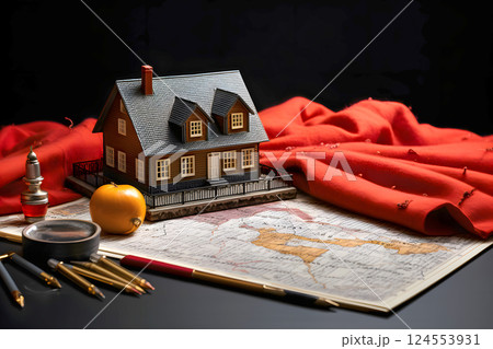 model of a private residential building with a warm scarf on the table.  124553931