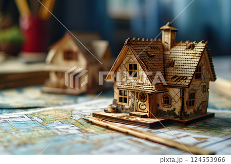 wooden model of a house on a table with drawings. construction and architecture wooden model of a house on a table with drawings. construction and architecture 124553966