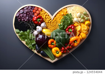 Heart shape made of fresh vegetables on dark background. Healthy food concept. top view Heart shape made of fresh vegetables on dark background. Healthy food concept. top view 124554044