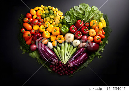 Heart shape made of fresh vegetables on dark background. Healthy food concept. top view 124554045