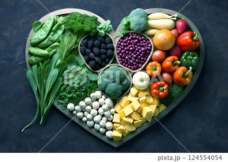 Heart shape made of fresh vegetables on dark background. Healthy food concept. top view 124554054