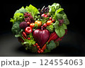 Heart shape made of fresh vegetables on dark background. Healthy food concept. top view 124554063