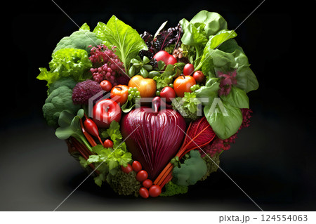 Heart shape made of fresh vegetables on dark background. Healthy food concept. top view 124554063