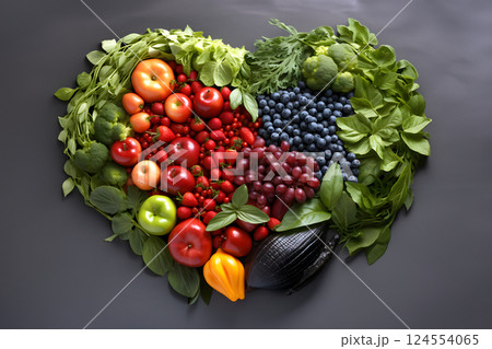Heart shape made of fresh vegetables on dark background. Healthy food concept. top view 124554065