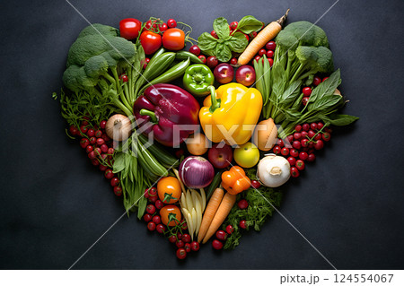 Heart shape made of fresh vegetables on dark background. Healthy food concept. top view 124554067