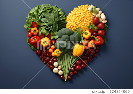 Heart shape made of fresh vegetables on dark background. Healthy food concept. top view 124554069