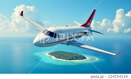 jet soars over a pristine tropical island surrounded by clear blue waters and fluffy clouds in the sky. 124554134