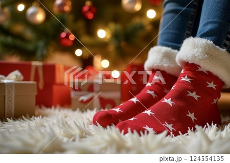 Close-up of red festive socks with white stars, near wrapped presents under a Christmas tree, warm holiday ambiance, Christmas concept 124554135