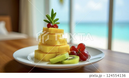 A white plate with a Christmas tree made of fresh pineapple slices, kiwi slices and grapes. The plate is on a wooden table in a hotel room overlooking the beach and ocean. 124554136