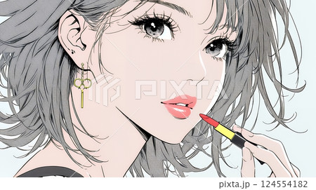 化粧をしている（口紅をつけている）若い女性