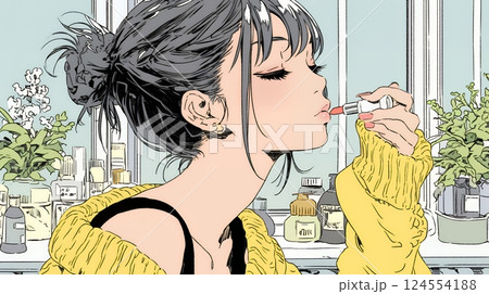化粧をしている（口紅をつけている）若い女性