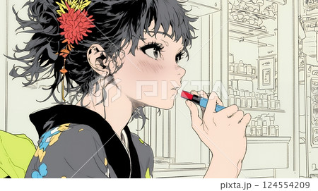 化粧をしている（口紅をつけている）若い女性