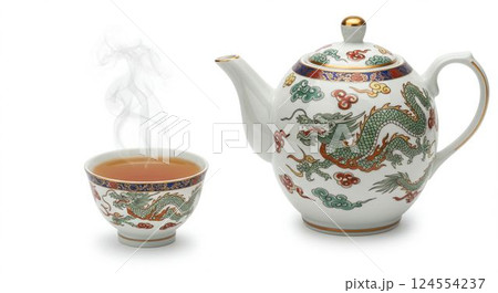 Tea set with a cup and dragon design  124554237