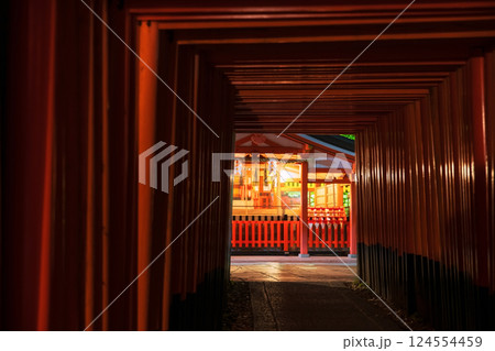 Torii gate archway landmark to Fushimi Inari light up at night, Kyoto 124554459