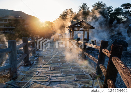 sunset light through gas and path of Hell valley Jigoku of mt. Unzen onsen 124554462