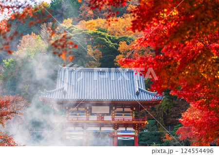 Red maple leaves with view of Katsuoji temple with steam, Minoh Red maple leaves with view of Katsuoji temple with steam, Minoh 124554496