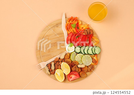 Healthy organic products for weight loss and weight reduction, intermittent fasting. Diet food and raw food concept, Healthy breakfast with ingredients, menu for cafe or restaurant, kitchen 124554552