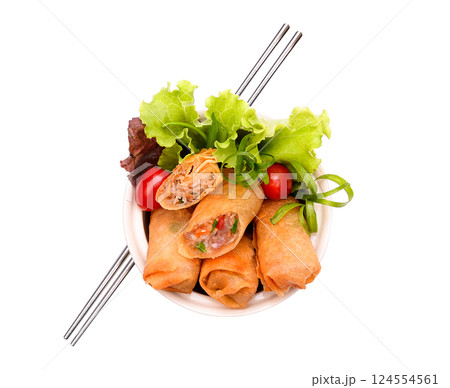 Fried spring rolls, top and side view with green and red vegetables, isolated on white background. Fried spring rolls, traditional fried spring rolls  . 124554561