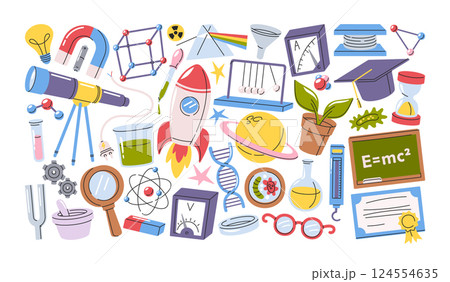 Science elementary school, college and university subject accessories hand drawn doodle item set Science elementary school, college and university subject accessories hand drawn doodle item set 124554635