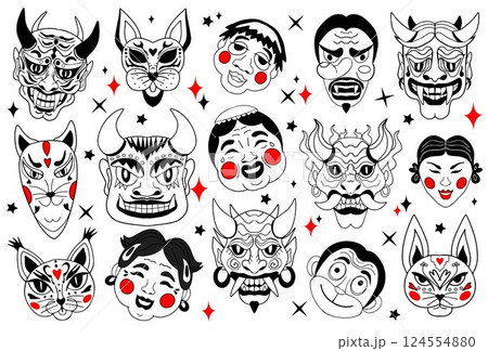 Japanese Mask Set Oni, Kitsune, Hannya, Daruma, Usagi. Traditional Folklore Faces in Tattoo Style Black and White Vector Illustration 124554880
