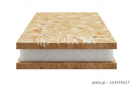 An oriented strand board with a visible polystyrene core layer, showing the material's cross section for usage in building and construction applications for superior thermal and structural properties. An oriented strand board with a visible polystyrene core layer, showing the material's cross section for usage in building and construction applications for superior thermal and structural properties. 124555017