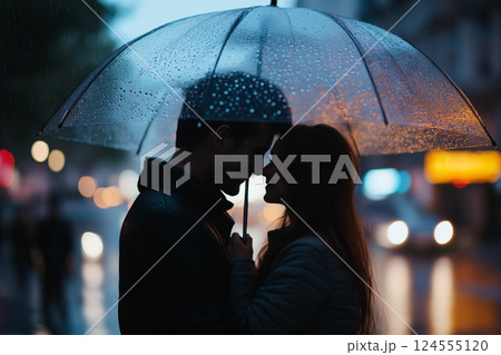 A couple embraces under an umbrella in a rainy city, surrounded by illuminated nighttime ambiance, evoking love and serenity. Romantic couple under a glowing umbrella during nighttime rain 124555120