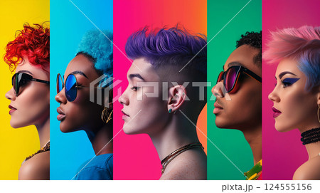 A collection of expressive portraits featuring...のイラスト素材 [124555156 ...