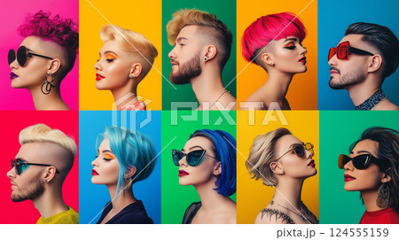 A collection of expressive portraits featuring...のイラスト素材 [124555159 ...