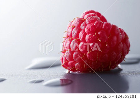 Close-up of a fresh raspberry with water droplets and reflective surface. Fresh and juicy raspberry highlighted with water droplets on a glossy surface. Summer, vitamins, healthy eating theme Close-up of a fresh raspberry with water droplets and reflective surface. Fresh and juicy raspberry highlighted with water droplets on a glossy surface. Summer, vitamins, healthy eating theme 124555181