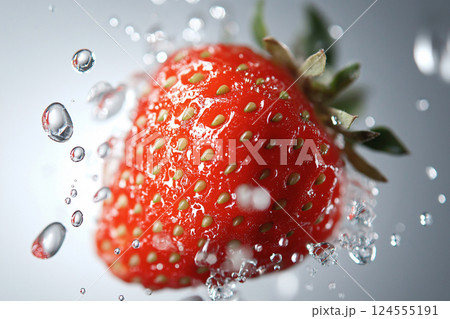 Fresh strawberry splashing in clear water background with vibrant juicy details. A vivid strawberry splashing into water, showcasing freshness and vitality. Summer, vitamins, healthy eating theme 124555191