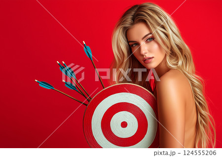 Naked woman holding a rustic archery target with an arrow, hiding behind it on a red backdrop. Woman with a target for an arrow. Objectification, stereotypes, female body, society labels Naked woman holding a rustic archery target with an arrow, hiding behind it on a red backdrop. Woman with a target for an arrow. Objectification, stereotypes, female body, society labels 124555206