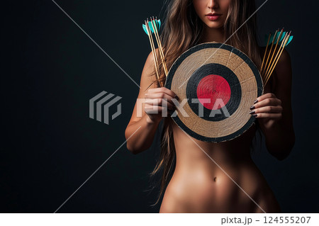 Naked woman holding a rustic archery target...のイラスト素材 [124555207] - PIXTA