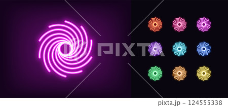Outline neon black hole icon set. Glowing neon Black hole spiral, space vortex icon. Milky way spiral, galaxy swirl, intergalactic portal, space universe, magic cosmic tunnel. Vector icons set 124555338