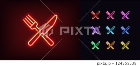 Outline neon knife and fork icon set. Glowing neon cross with knife and fork, kitchen icon. Food cooking, restaurant, chef kitchen, ready food menu, meal and snack time, cutlery. Vector icons set 124555339