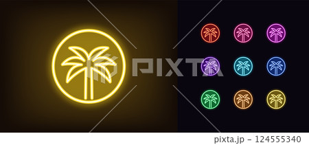 Outline neon palm tree icon set, round logo. Glowing neon coconut palm tree inside circle, tropical oasis icon. Exotic palm island, tropical paradise, summer holiday and vacation, resort. Vector icons 124555340