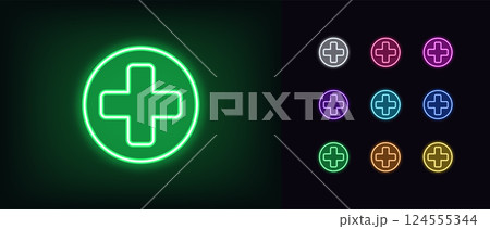 Outline neon medical cross icon set. Glowing neon medical cross in circle, first aid icon. Healthcare cross, medicine business, hospital, medical center, pharmacy sign, clinic and doctor. Vector icons 124555344