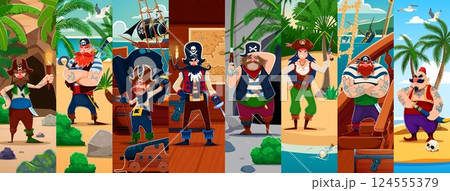 Cartoon pirates and corsair characters collage of treasure island, vector background. Caribbean pirates on ship, captain in tricorne hat, skipper with saber sword and corsair sailor with wooden leg 124555379