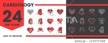 Heart cardiology line icons for cardio healthcare, medicine or medical clinic, vector symbols. Red heart line icons for cardiology medicine or ECG and cardiovascular therapy and heart health day 124555388