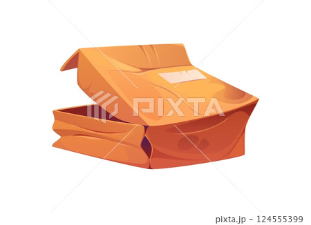 Damaged and crumpled delivery cardboard box cartoon. Damaged crushed paper box cartoon, broken crumpled isolated vector delivery container. Ripped wet shipping parcel or destroyed dirty cargo package 124555399