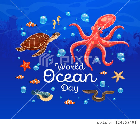 World Oceans Day banner with funny underwater fishes and animals, vector sea nature. World Oceans Day banner for sea nature and coral reef ecology conservation or ocean fauna environment protection 124555401