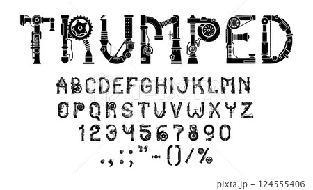 Steampunk font, mechanic type, machine gear english alphabet typeface vector thin line set. Retro futuristic typography font of capital letters and numbers with steam punk gears, pipes and cogwheels Steampunk font, mechanic type, machine gear english alphabet typeface vector thin line set. Retro futuristic typography font of capital letters and numbers with steam punk gears, pipes and cogwheels 124555406