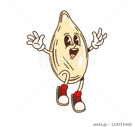 Cartoon groovy pumpkin seed character strikes a lively pose with cheerful and playful hands up gesture, exuding happiness and charm. Isolated vector retro food personage promotes healthy eating Cartoon groovy pumpkin seed character strikes a lively pose with cheerful and playful hands up gesture, exuding happiness and charm. Isolated vector retro food personage promotes healthy eating 124555408