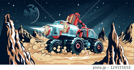 Space explorer drives a futuristic vehicle across a rocky alien landscape under a starry sky Space explorer drives a futuristic vehicle across a rocky alien landscape under a starry sky 124555658