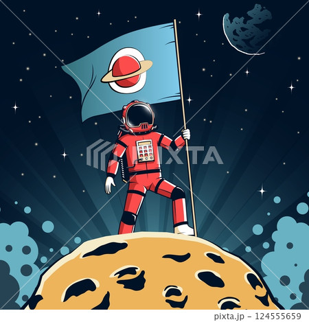 Astronaut stands on an asteroid holding a flag in the background during a cosmic exploration mission Astronaut stands on an asteroid holding a flag in the background during a cosmic exploration mission 124555659