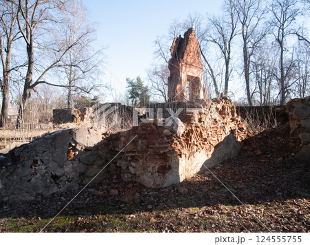 A mesmerizing view showcasing ancient ruins adorned with crumbling walls, beautifully framed by bare trees 124555755