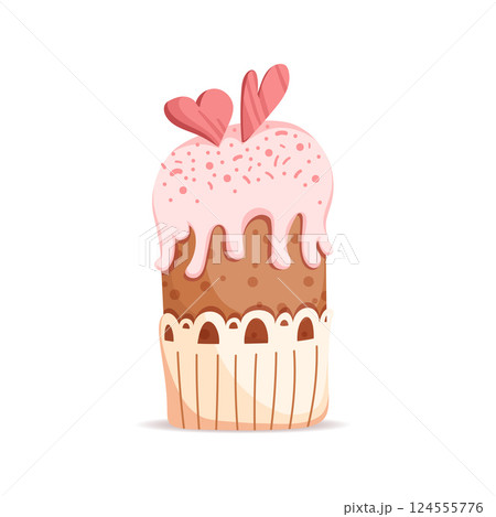 Easter cake with glazed and sugar hearts. Traditional religious sweet pastries. Homemade sweet bakery, Festive illustration for invitation, postcard, Social media. Vector flat illustration. 124555776