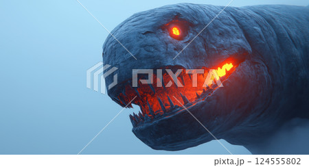 massive sea creature with glowing eyes and fiery mouth emerges from mist, evoking awe massive sea creature with glowing eyes and fiery mouth emerges from mist, evoking awe 124555802